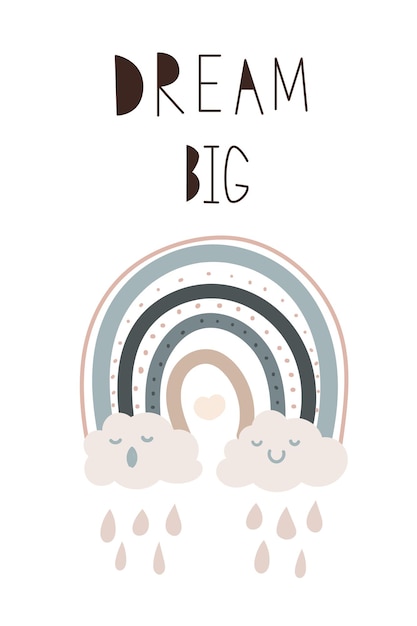 Póster de arcoíris Lindas nubes para dormir Arco minimalista de arco iris boho abstracto Cuarto de niños y bebés