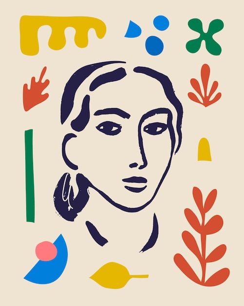 Póster de arte de mujer vectorial Matisse inspirado en retrato contemporáneo dibujado a mano para imprimir arte de pared decoración estilo retro Formas de collage abstractas