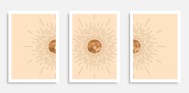 Póster de arte de pared abstracto ambientado en un estilo moderno de mediados de siglo con diseño boho sunmoon y moon phases para impresión interior del hogar, etc.