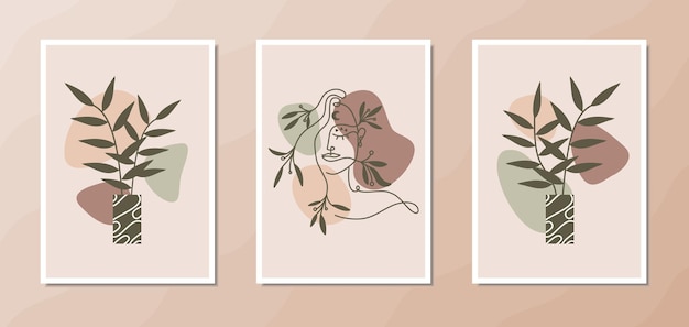 Póster de arte de pared boho estético con retrato de mujer elegante arte lineal formas orgánicas y florales
