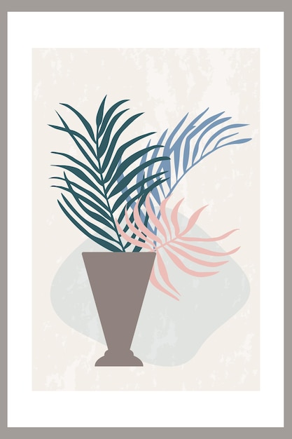 Póster de arte de pared con una composición abstracta de formas simples y plantas frondosas en un jarrón