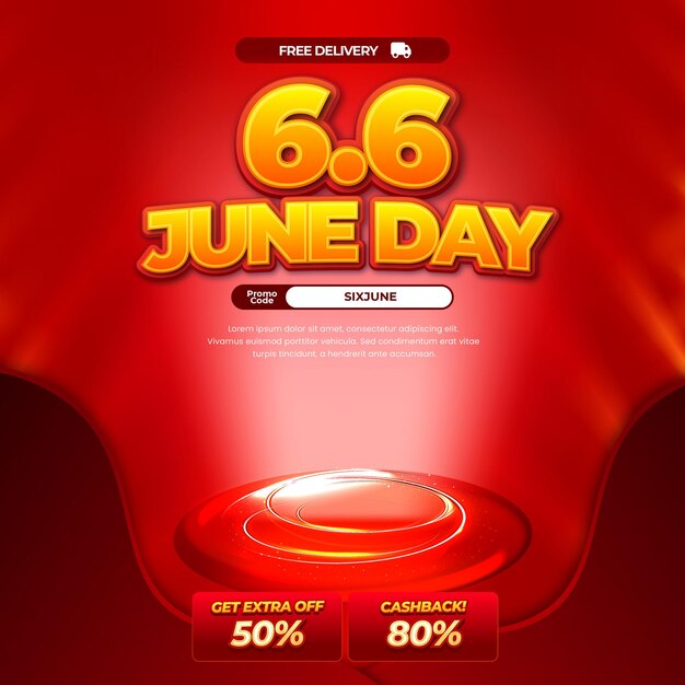 Poster audaz de la venta del 66 de junio con llamativo resplandor de neón y ofertas de descuento