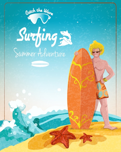 Vector póster de aventura de verano de surf.