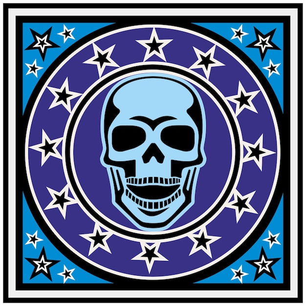 Un póster azul y negro con una calavera y estrellas camisetas de diseño vintage