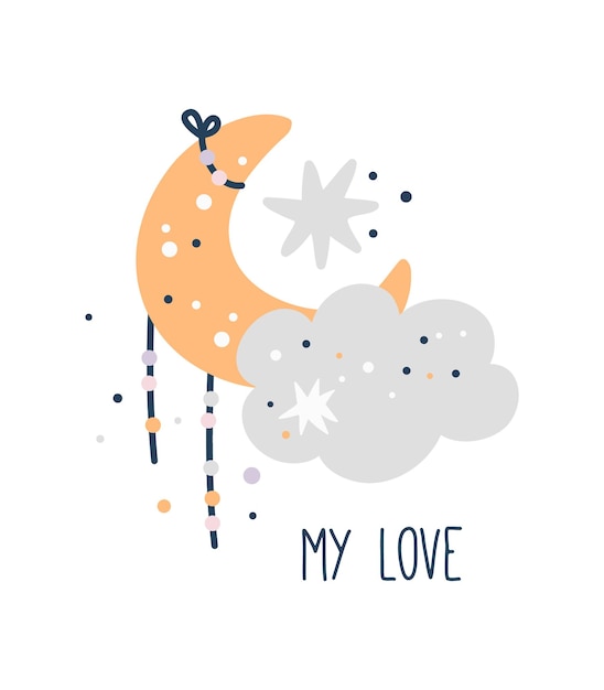Póster de baby shower, linda luna con nubes y estrellas, impresión para niños