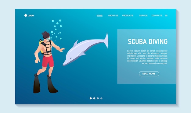 Vector póster de buceo hombre buceador nadando con delfines plantilla de esnórquel concepto isométrico viajar actividad deportiva turística verano pasatiempo bajo el agua página de inicio diseño web ilustración vectorial