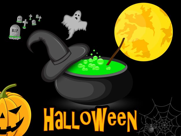 Póster Caldero de Halloween con sombrero de bruja noche bajo la luna