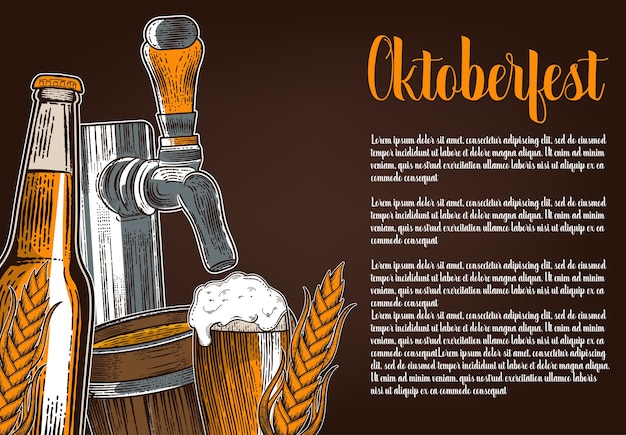 Vector póster cerveza engastada con grifo, vaso, botella.