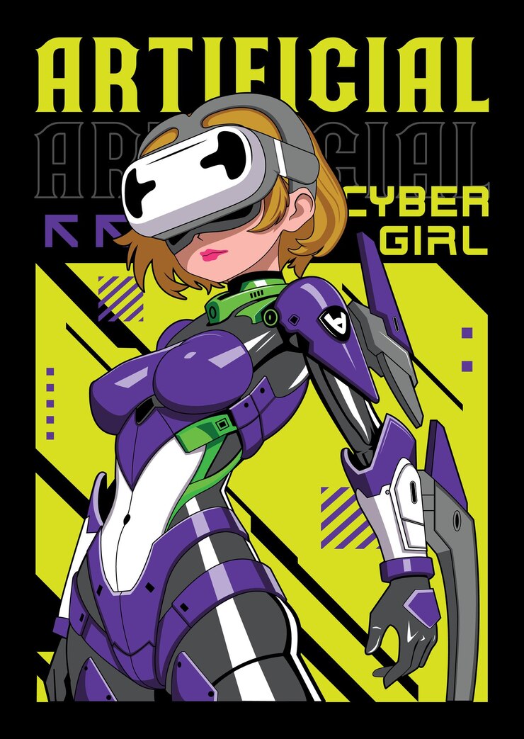 Vector el póster de la chica del anime en estilo manga de tokio japón chica del animé concepto de vr retro futurismo cyberpunk