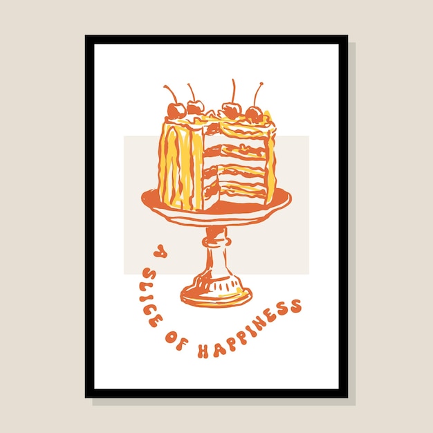 Poster de comida minimalista dibujado a mano con ilustración de pastel de cumpleaños para la colección de arte de pared