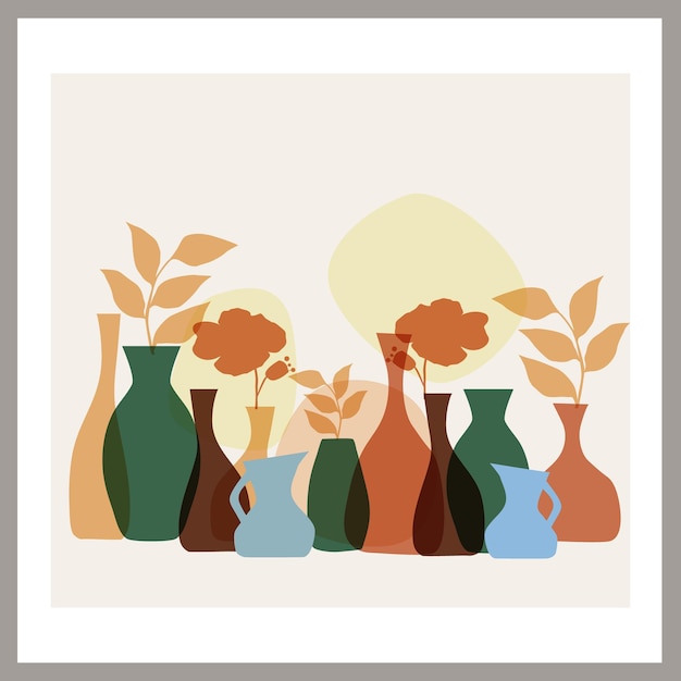 Póster con una composición abstracta de formas simples y hojas en un jarrón