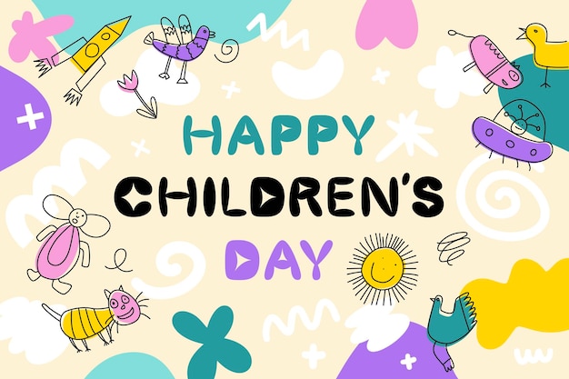 Poster conceptual de Dia del Nino Dibujos de niños imágenes ingenuas Celebración del Día Mundial de la Niñez Ilustración vectorial aislada en un fondo de color