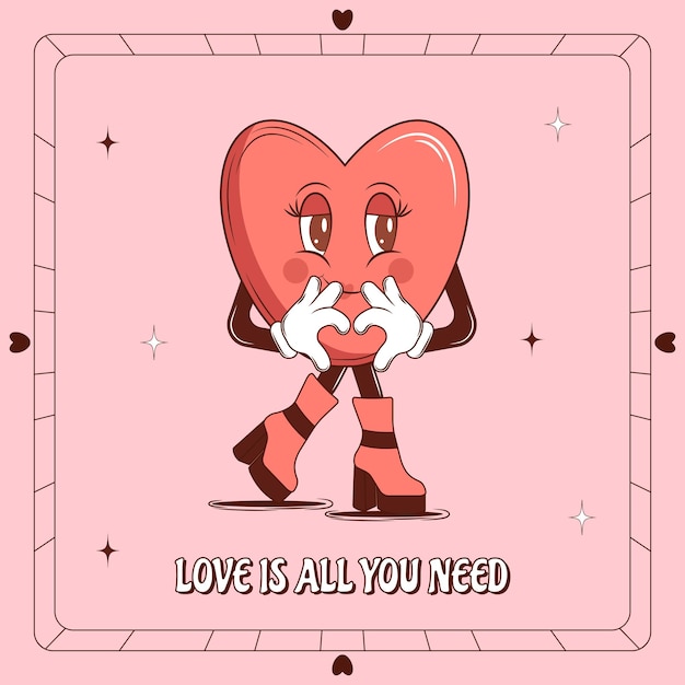 Poster de corazón de dibujos animados retro Cute Groovy Corazón de personaje Feliz Día de San Valentín Retro de moda de los años 60 y 70 Impresión de tarjetas de volante Colores rosados rojos Vector