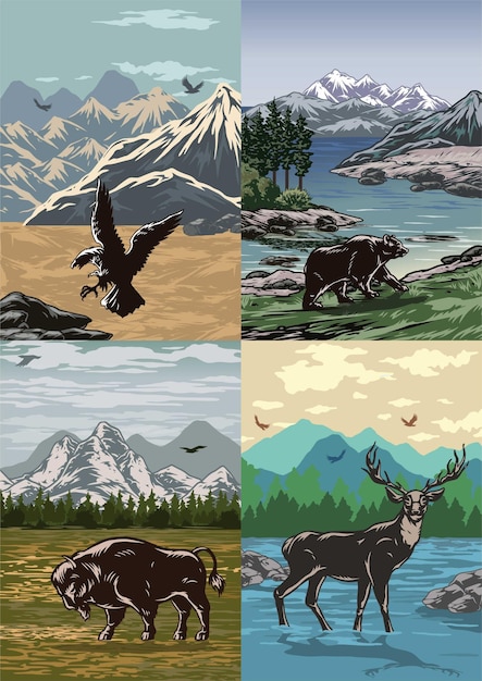 Un póster con cuatro animales diferentes, incluido un bisonte y una montaña.