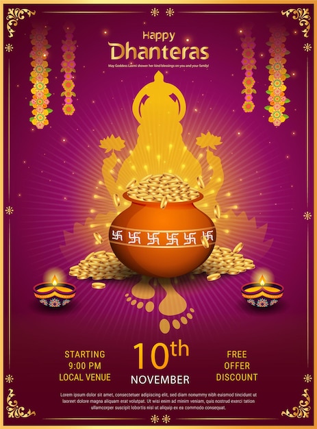 Poster de dhanteras con maa lakshmi bendiciendo con la riqueza