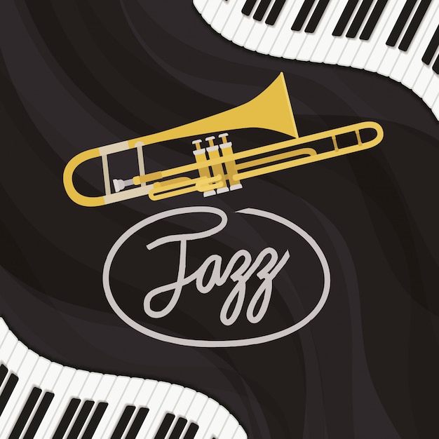 Vector póster del día de jazz con teclado de piano y trompeta.