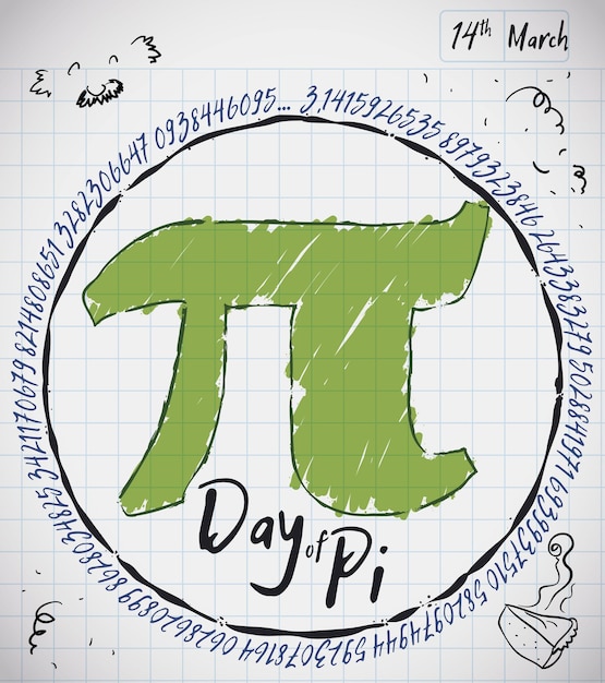 Poster para el Día de Pi con papel de cuaderno con dibujos divertidos de un símbolo de la fiesta del pastel pi y la fecha