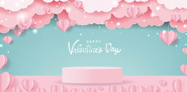 Poster del día de san valentín con papel con corazones y podio