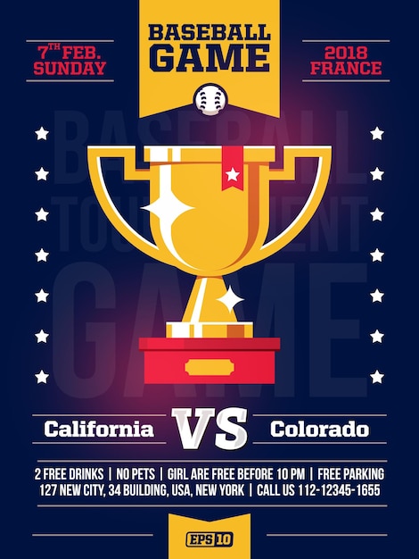 Vector póster de diseño deportivo profesional moderno con un torneo de béisbol y una copa en tema azul