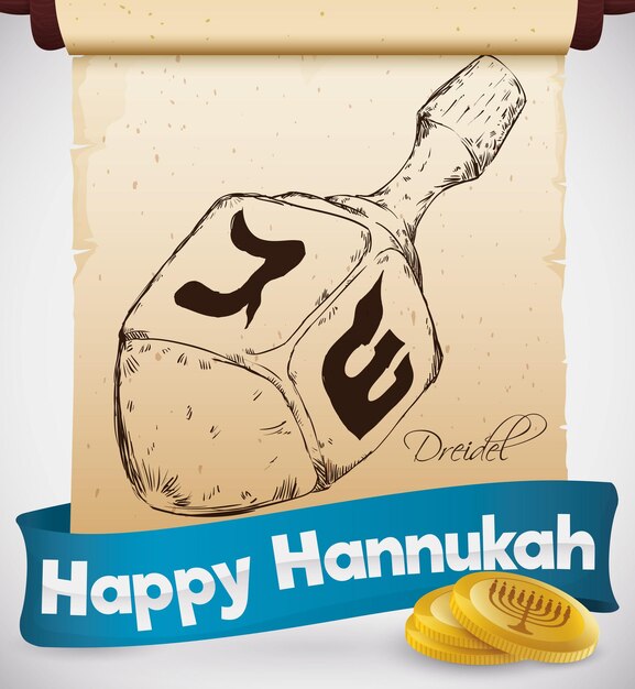 Vector poster con dreidel dibujado a mano en un pergamino con algunas monedas de gelt y una cinta azul para hanukkah