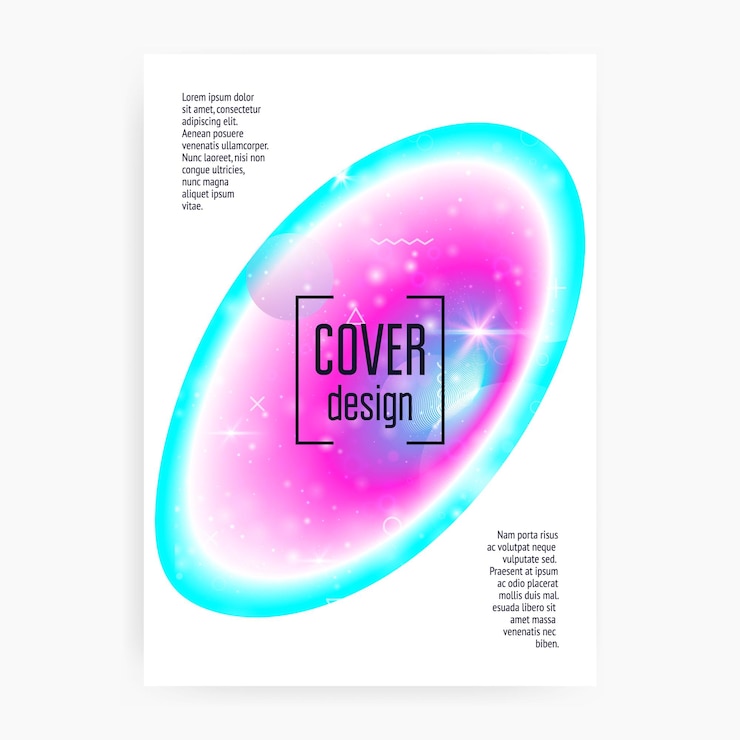 Vector póster espacial. gradientes holográficos. cubierta de ciencia cósmica y galáctica con planeta, sol, luz fluida profunda. destellos de unicornio soñador mágico 3d. póster espacial con formas y estrellas del universo de galaxias.