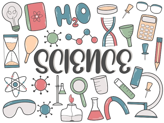 Poster de estilo boceto de colores de ciencia con elementos dibujados a mano de varias ciencias química