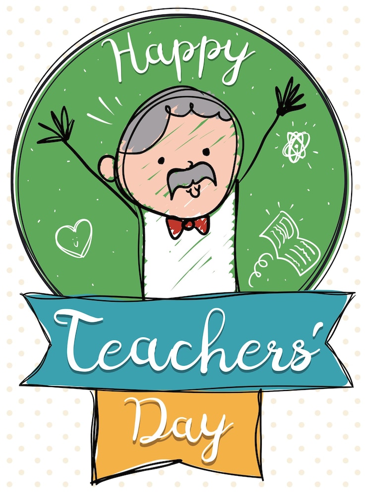 Vector poster en estilo plano y educador sénior sobre pizarra con garabates y cintas para el día de los maestros