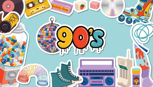 Un póster de estilo retro de los años noventa con un marco en negrita decorado con pegatinas de dibujos animados de caramelos de vinilo boombox