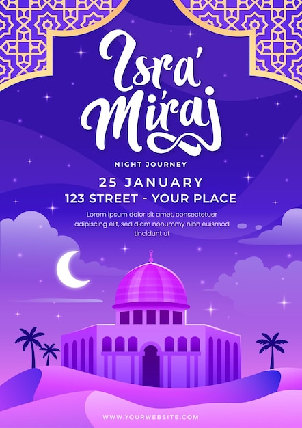 Poster del evento Miraj Night Journey con diseño de mezquita y gradiente púrpura