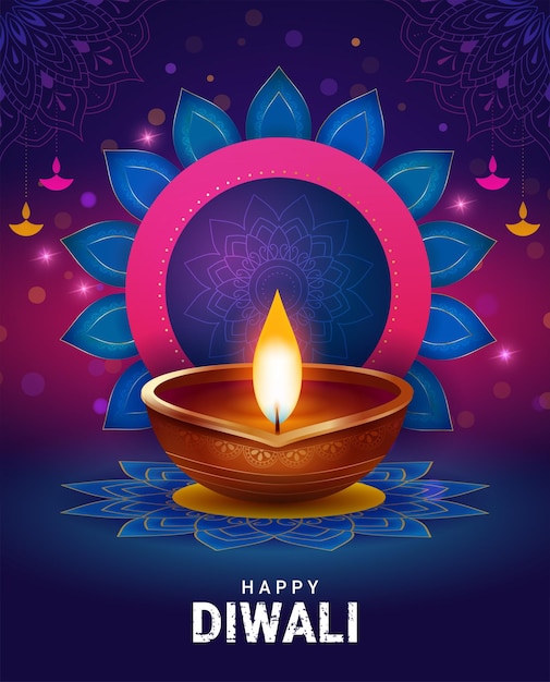 Poster de feliz Diwali con lámpara diya y ilustración vectorial decorativa de mandala Festival de las luces