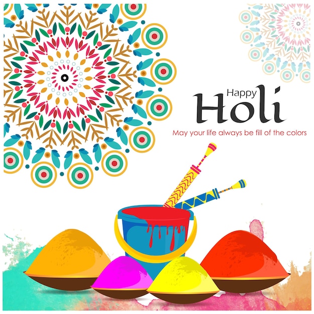 Vector poster del feliz festival de holi con fondo de mandala