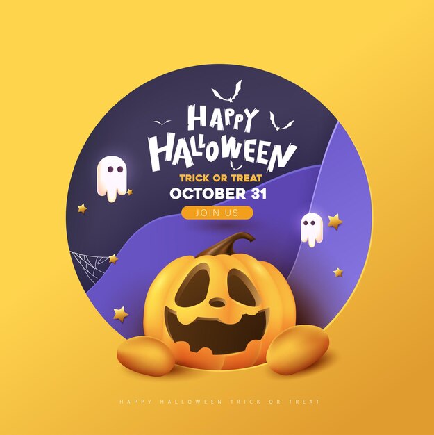 Poster feliz de Halloween escena nocturna con cara sonriente de calabaza de Halloween y decoración festiva