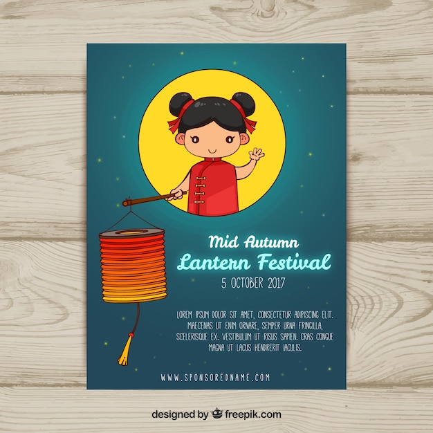 Póster de festival de medio otoño con niña sonriente