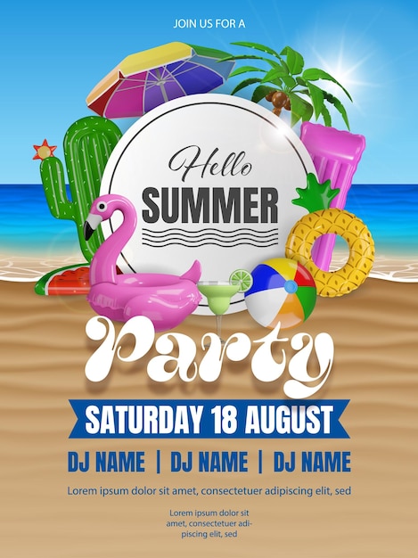 póster de fiesta de verano con elementos de playa inflables y palma hola volante de verano
