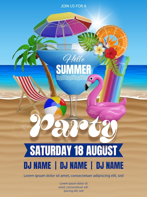póster de fiesta de verano con grandes elementos de cóctel de playa inflables y palmera en el paisaje de la playa