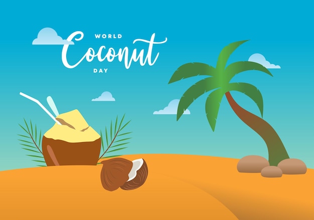 Poster de fondo del Día Mundial del Coco con un árbol de coco en la playa el 2 de septiembre