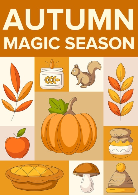 Poster geométrico vertical moderno de otoño a4 con elementos de otoño acogedores de calabaza ardilla de vela
