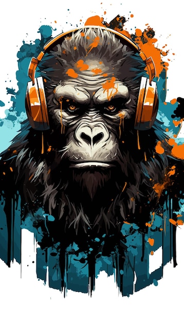 Un póster con un gorila con audífonos y un fondo colorido