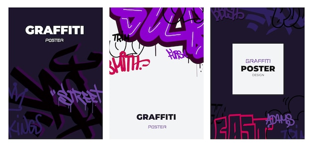 Vector poster de graffiti abstracto conjunto de arte moderno con líneas de inscripciones callejeras y elementos multicolores