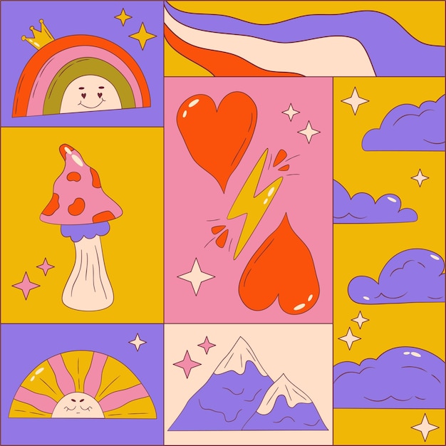 Póster gráfico trippy con elementos retro groovy Póster cuadrado con corazón arco iris nube y onda Gráfico groovy trippy de los años 70 Ilustración vectorial de dibujos animados