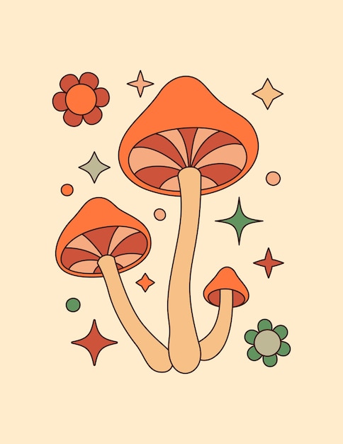 Póster Groovy Hippie de los años 70 con hongos mágicos y fondo vectorial de flores de margarita en estilo retro