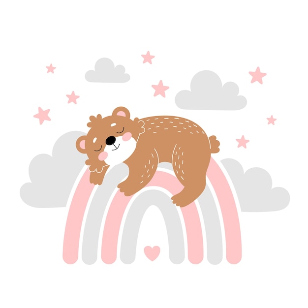 Póster de la habitación del bebé con un lindo oso durmiente en el arco iris. ilustración vectorial simple