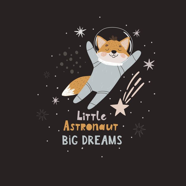 Póster de la habitación del bebé con un lindo zorro astronauta y letras dibujadas a mano