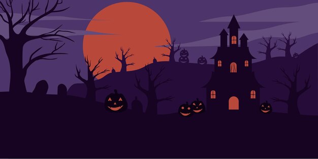póster de halloween de paisaje abstracto con diseño de ilustración de casa o castillo y calabaza