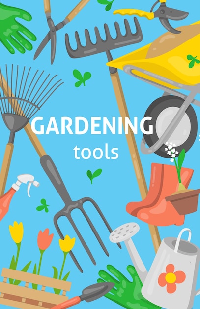 Póster con herramientas y equipos de jardín en un diseño plano.