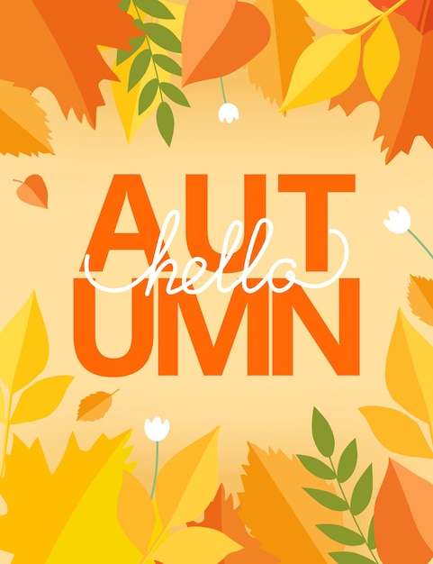 Poster de "Hola otoño" con hojas coloridas sobre un fondo amarillo