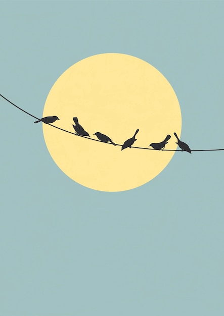 Póster de ilustración estética de pájaros en cables Póster de ilustración estética de sol en el cielo azul Siluetas de los pájaros sentados en un alambre