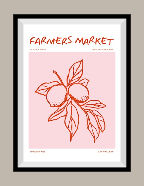 Un póster de impresión vectorial de limones minimalista dibujado a mano en un marco