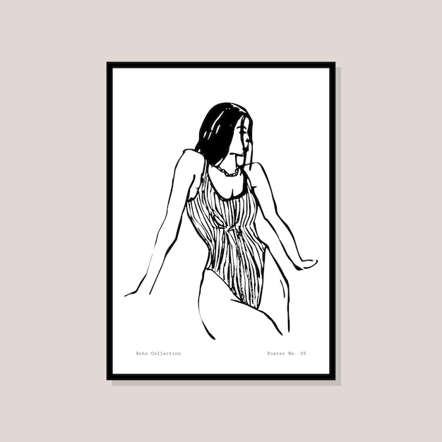 Póster de impresiones de arte de estilo boho abstracto con un retrato de mujer para la colección de arte de pared