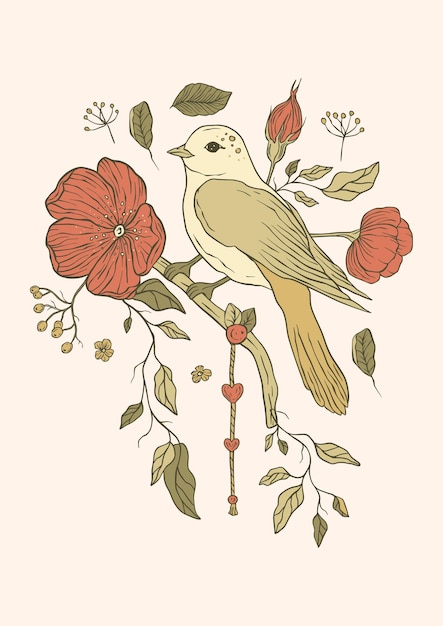 Póster imprimible vintage de pájaros y flores.